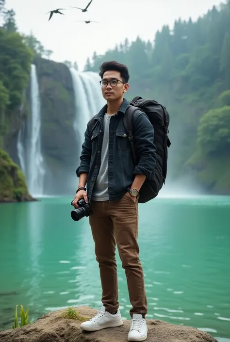 a man Asian handsome, wearing a black jean jacket, brown jeans, wearing white sneakers, holding a camera, carrying a large backpack. standing on the edge of the lake, with a waterfall flowing from above, the water is green mixed with blue. there are lush t...