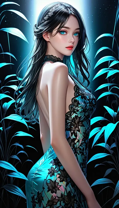 cool beauty, white shiny silky disheveled straight hair, make up, amorous and lewd expression, captivating eyes, thin flat slender body line, wearing Tiffany blue lace embroidered satin halter neck dress, background surrounded by countless jet-black lilies...