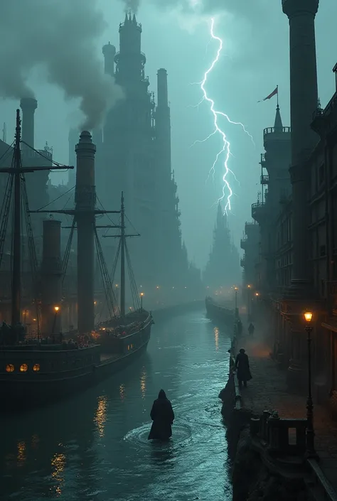 A futuristic shipping canal from the 18th century, blending advanced technology with the dark and mysterious atmosphere of a world driven by negotiation, sabotage, and economic power. The canal stretches across a shadowy, industrial landscape, where the wa...