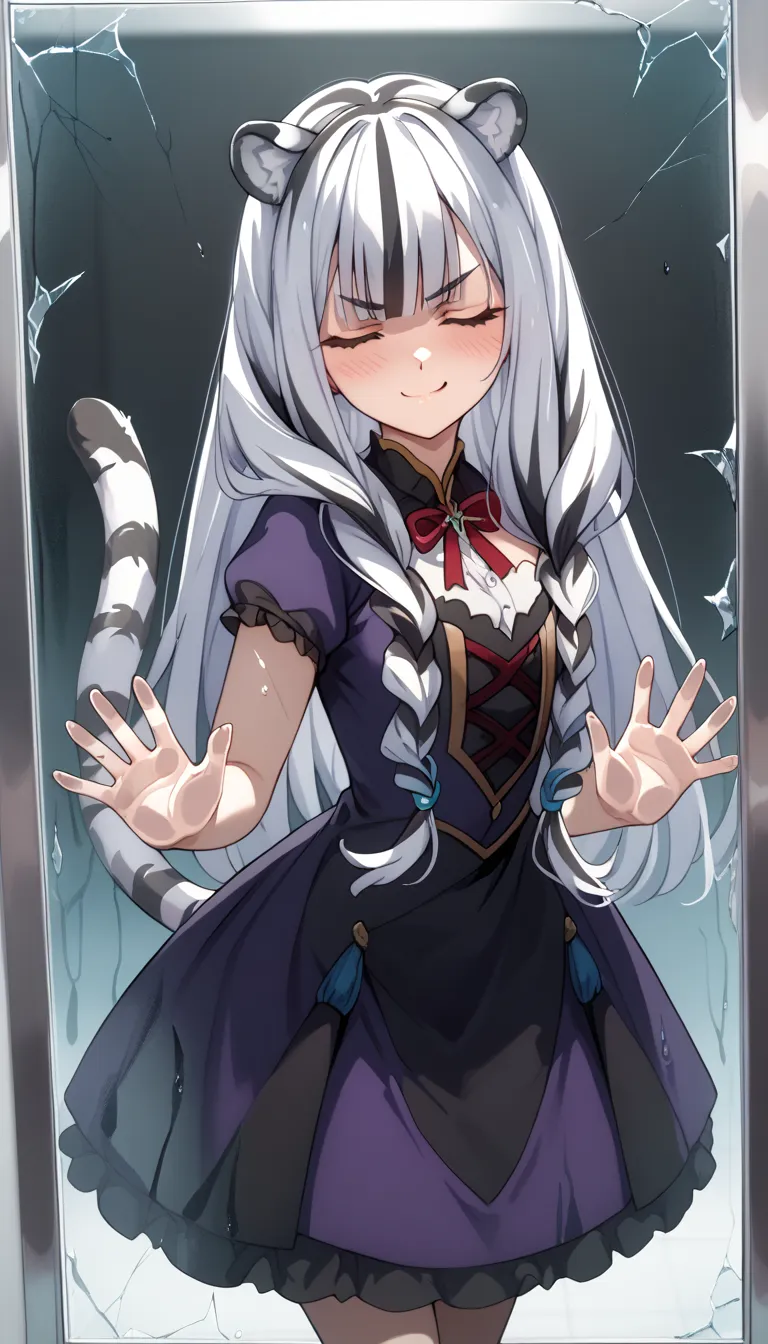 ((masterpiece)), 1girl, solo, long hair, white tiger ears, white tiger tail, closed eyes, standing, blush, malicious smirk, looking at viewer, yandere, behind the glass, breaking glass, cracks on glass, predatory look, white hair, two-tone hair, purple dre...