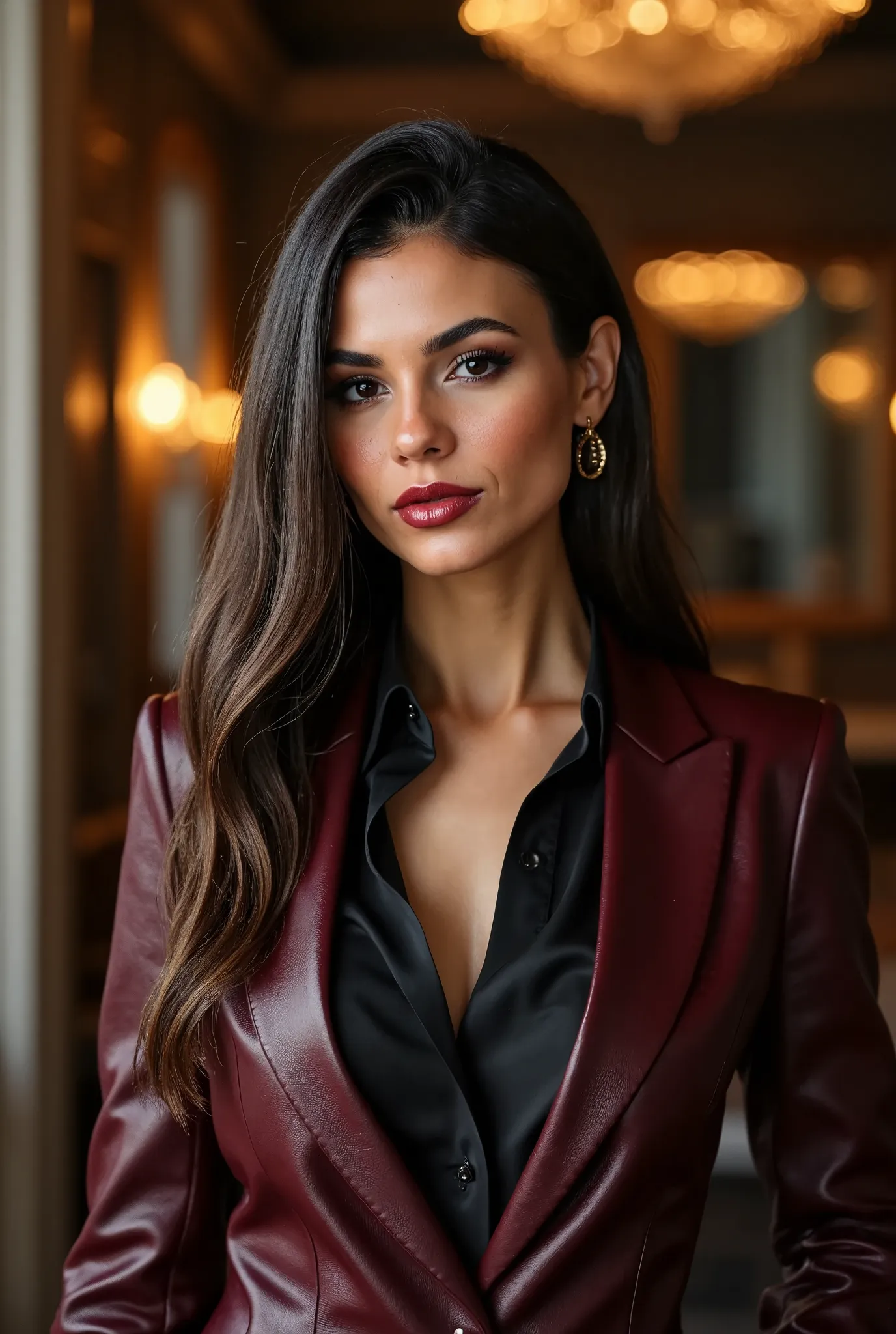 full body image of vict0r1justflx, a beautiful female business executive wearing an bordeaux leather armani business suit with a...