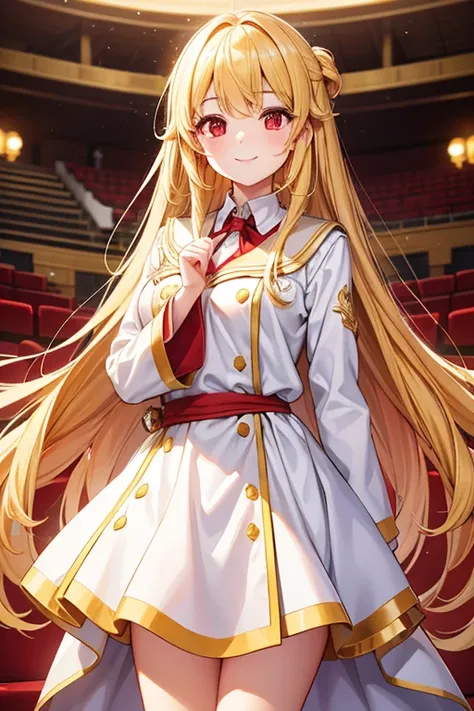  1 beautiful girl with pieces 　Shows up to the waist　 short stature 　Baby Face　 long golden hair　 princess cut　Red eyes　Bright smile　professor　大学professor　University lecture hall　yellow and white academic dress　Piraeus Rotundas 