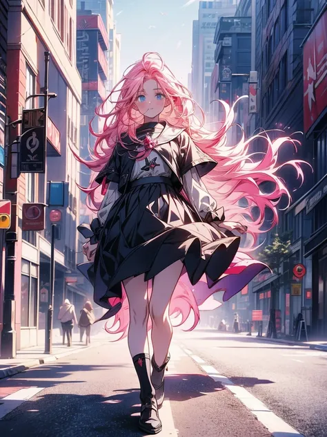 masterpiece, Best Quality , high resolution ,Perfect light and shadow,8k wallpaper,illustration, ray tracing, A Beautiful Lady , pink hair ,Long hair,Sky blue eyes, Magical Girl,Short skirt,Very windy,City,street,Full body photo