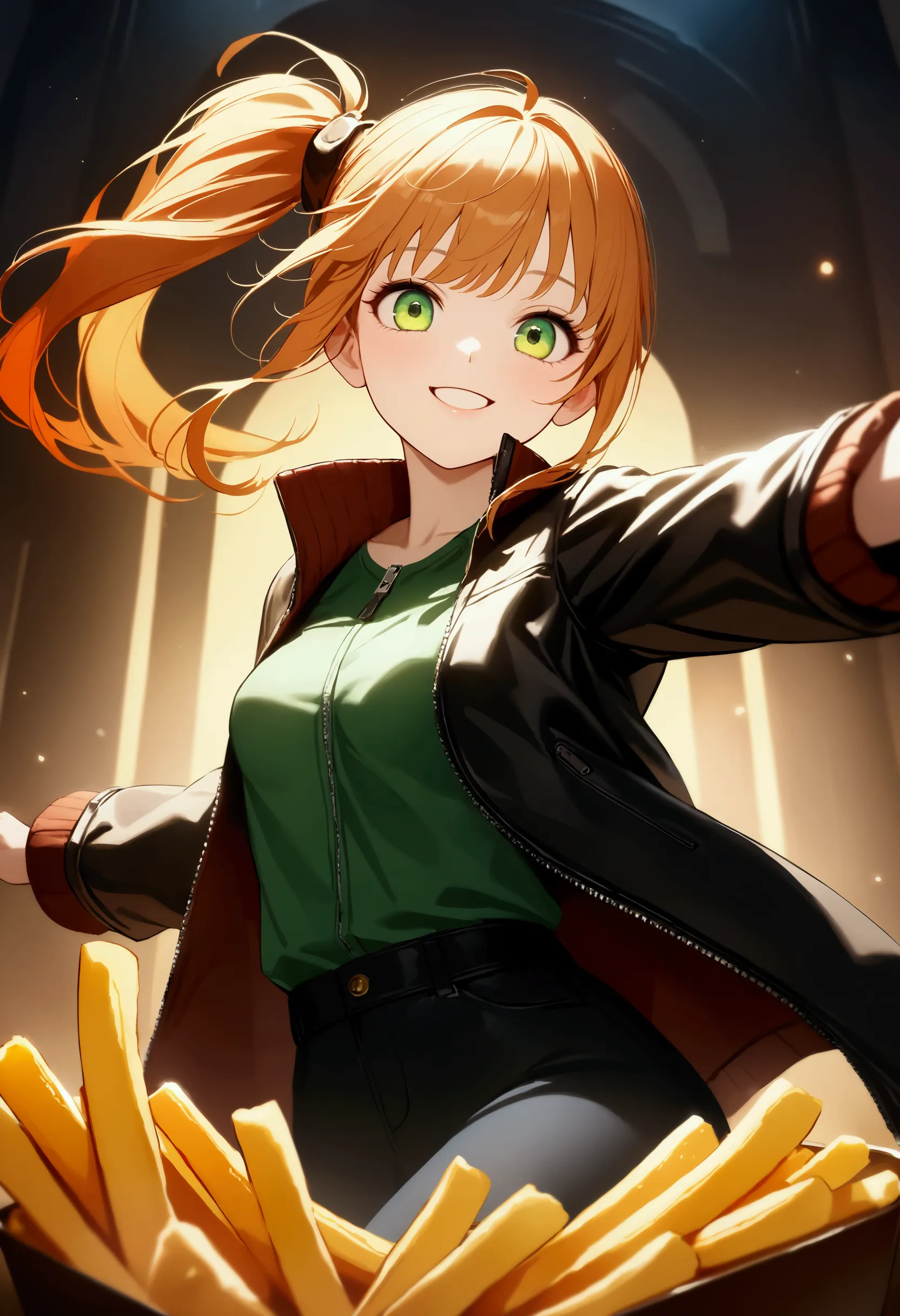 @タカヒロ, 1girl\(cute,orange hair,riders jacket,small breasts,shining green eyes, big eyes,side ponytail,,(big smile),beautiful smi...