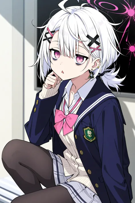  high image quality
 1 high school girl,  Pink Eyes、White Hair、 shortcut,   low ponytail 、   earrings for one woman,  Ahoge,   asymmetrical bangs ,  x-shaped hair ornament,   dark circles under eyes、 Black Pantyhose 、vigil、Background white、front、Messy Hair...