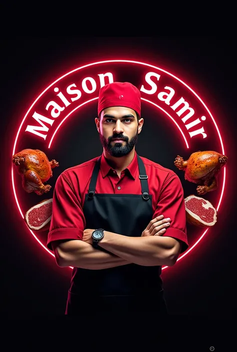 Imagine a logo in round shape with black background and neon lights and MAISON SAMIR BOUCHERIE ROTISSERIE is written in circul neon lights and a young boucher is in center of logoin red half sleve shirt and a aperan within showing his tumb and a red nug ri...