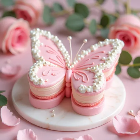 A pink and white butterfly-shaped cake. The top of the cake is dotted with pearls, and the background is a light pink marble table with some pink petals and green leaves scattered on it, giving the whole a graceful and romantic atmosphere.