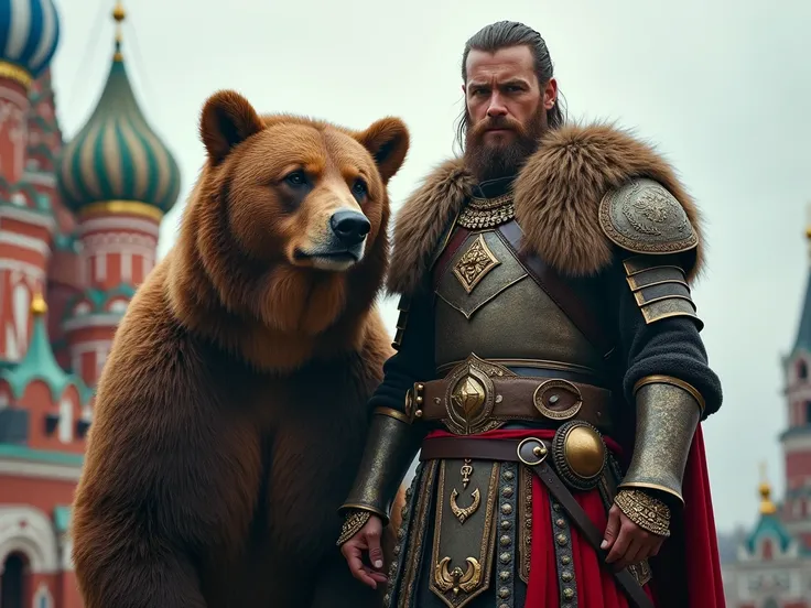  Create a detailed and dramatic full body image of a warrior ,  who stands next to a large and powerful brown bear in a historic Russian environment .  The warrior must stand at full height and look at the camera .  The warrior must wear traditional armor ...