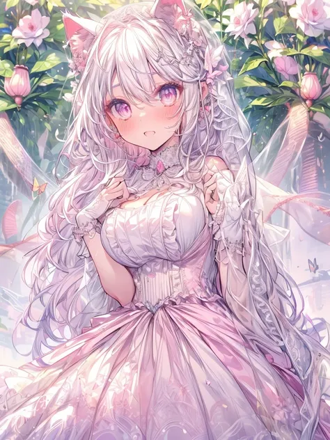 (catgirl, solo:1.5), beautiful gorgeous captivating cute adorable princess, (white cat ears:1.5), (blushing:1.5), nose blush, (pink eyes:1.5) , (((hyper detail delicate beautiful eyes , big eyes, clear eyes, extremely detailed))), (soft thin lines:1.2, bea...