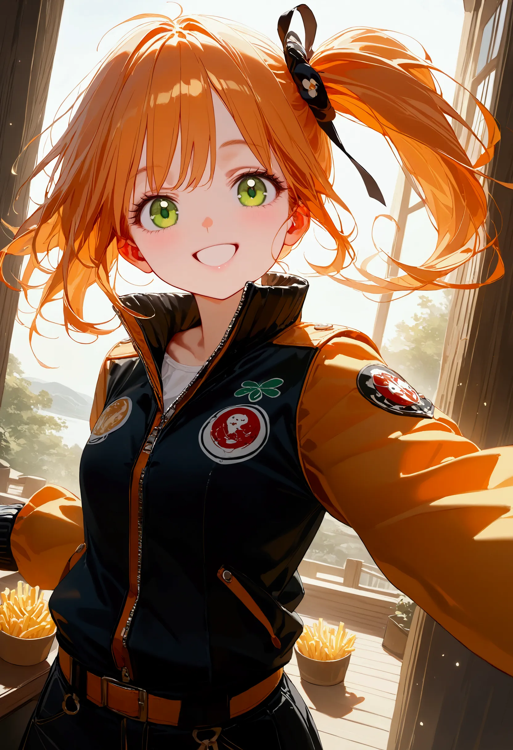 @タカヒロ, 1girl\(cute,orange hair,riders jacket,small breasts,shining green eyes, big eyes,side ponytail,,(big smile),beautiful smi...