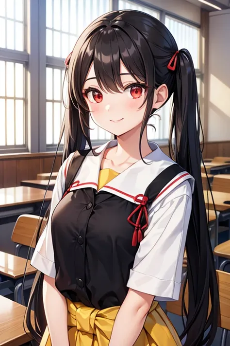  1 beautiful girl with pieces 　Shows up to the waist　 Black Long Hair 　 twin tails　Red eyes　Bright smile　professor　大学professor　University lecture hall　yellow and white clothes　Piraeus Rotundas 