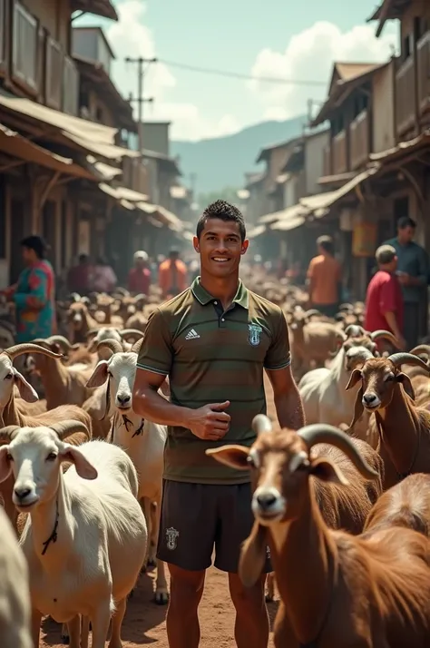 A bustling marketplace filled with livestock. Cristiano Ronaldo, wearing a brown and green striped polo shirt, stands amidst a group of goats, holding one by the neck. The scene is lively, with people in the background going about their activities, some we...