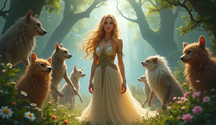 Freya and the Tricksters: Create a scene where a group of tricksters or magical beings are trying to charm Freyja with illusions or flattery. Freyja sees through their tricks, giving them a wry smile as they struggle to impress her.