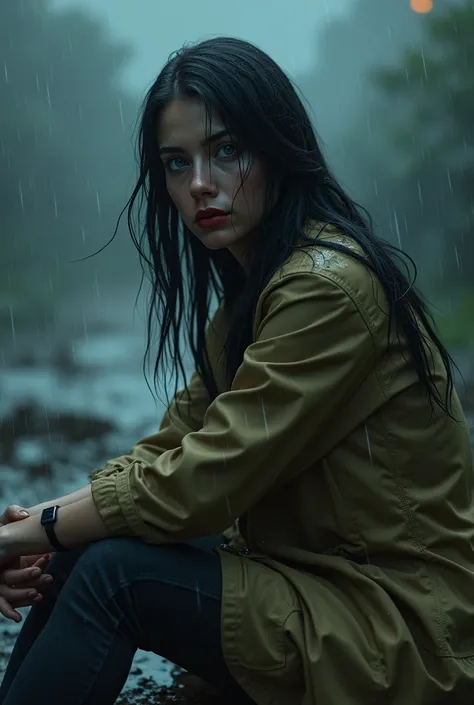 Black haired woman, blue eyes and red lips, dressed in a raincoat and sitting on mud while its raining