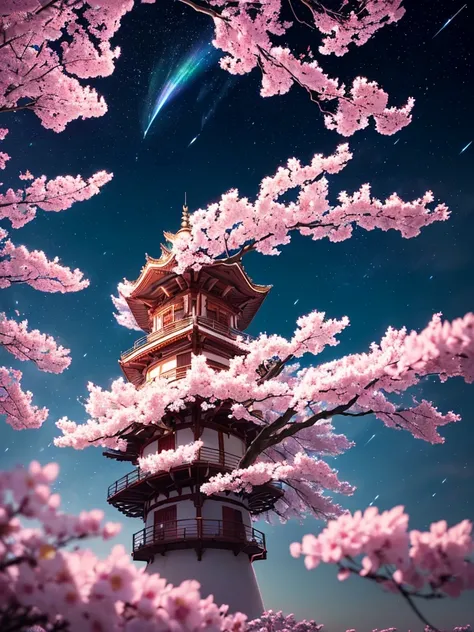 Sesshoumaru Inuyasha, Glowing red eyes, with all their grandeur, Blue moon in the sky,  Dark Blue Sky with Stars , cherry blossom petals flying in the wind, (Ultra-realistic), { Extremely Detailed 8kCG Unit Wallpaper }, expansive landscape photography, ( P...