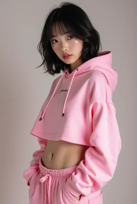 young chinese girl, 20 years old, black hair, medium short hair, shoulder length hair, messy hair, beautiful, cute, big full breasts, slim waist, wearing pink crop hoodie, visible stomach, visible underboob, visible tits, wearing loose pink cargo training ...