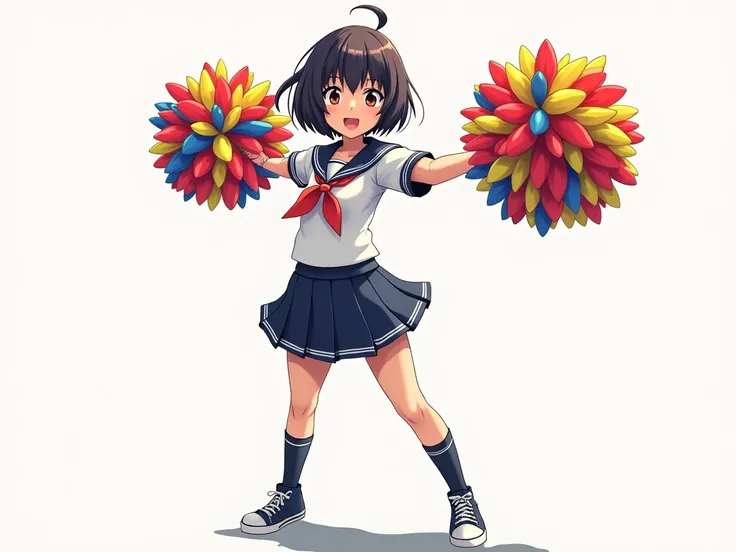 High school girl in sailor suit holding pompoms wearing black socks and sneakers