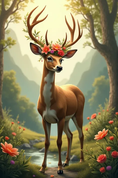 deer with a wreath of flowers