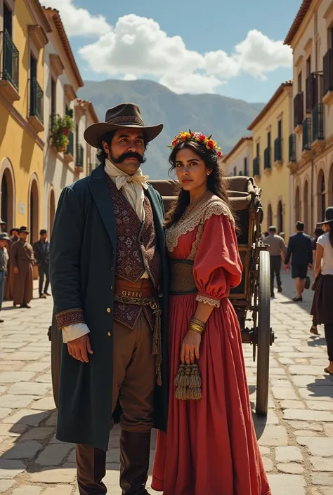 In 1807, a gypsy with a moustache and a hat poses with his wife in front of a horse-drawn car in the town of Gádor.,  in Andalusia 