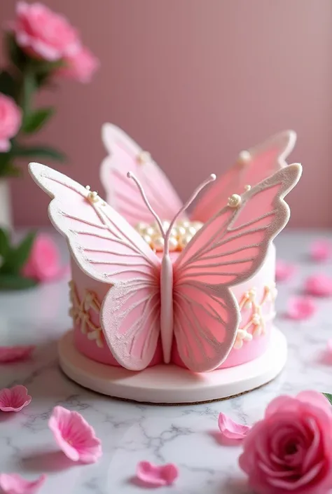 A pink and white butterfly-shaped cake. The top of the cake is dotted with pearls, and the background is a light pink marble table with some pink petals and green leaves scattered on it, giving the whole a graceful and romantic atmosphere.