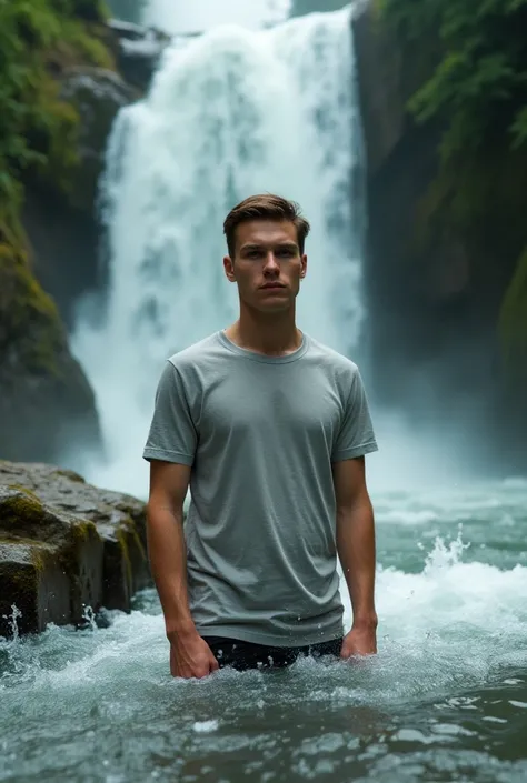 Russian german, young man in waterfalls, in the water, t-shirt