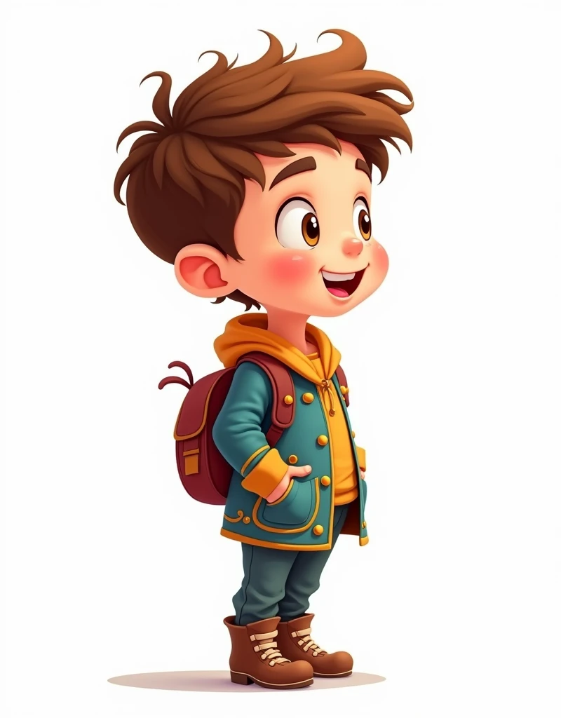 A Cartoon small boy ,white background , side view, standing on floor  , wearing amazing clothes 