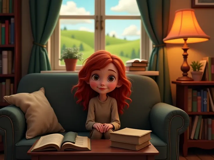  image for a cartoon story YouTube video in Pixar format. Liora in the bedroom :  An image of a young girl with bright red hair and insightful eyes,  sitting on an old dark sofa .  Around her are old books ,  a lamp with a soft light and a window overlooki...