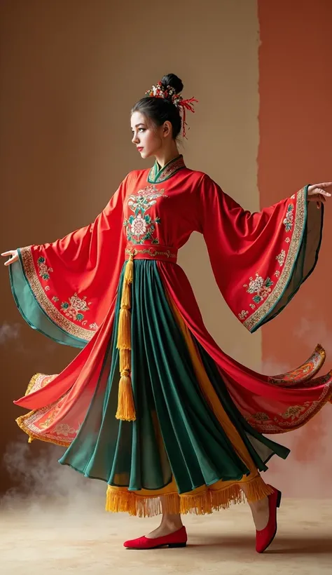 A traditional Chinese dancer is captured mid-movement in an elegant, flowing pose against a textured backdrop transitioning from burnt orange to light brown. She wears a vibrant crimson red robe with wide sleeves, featuring intricate teal blue and pink flo...