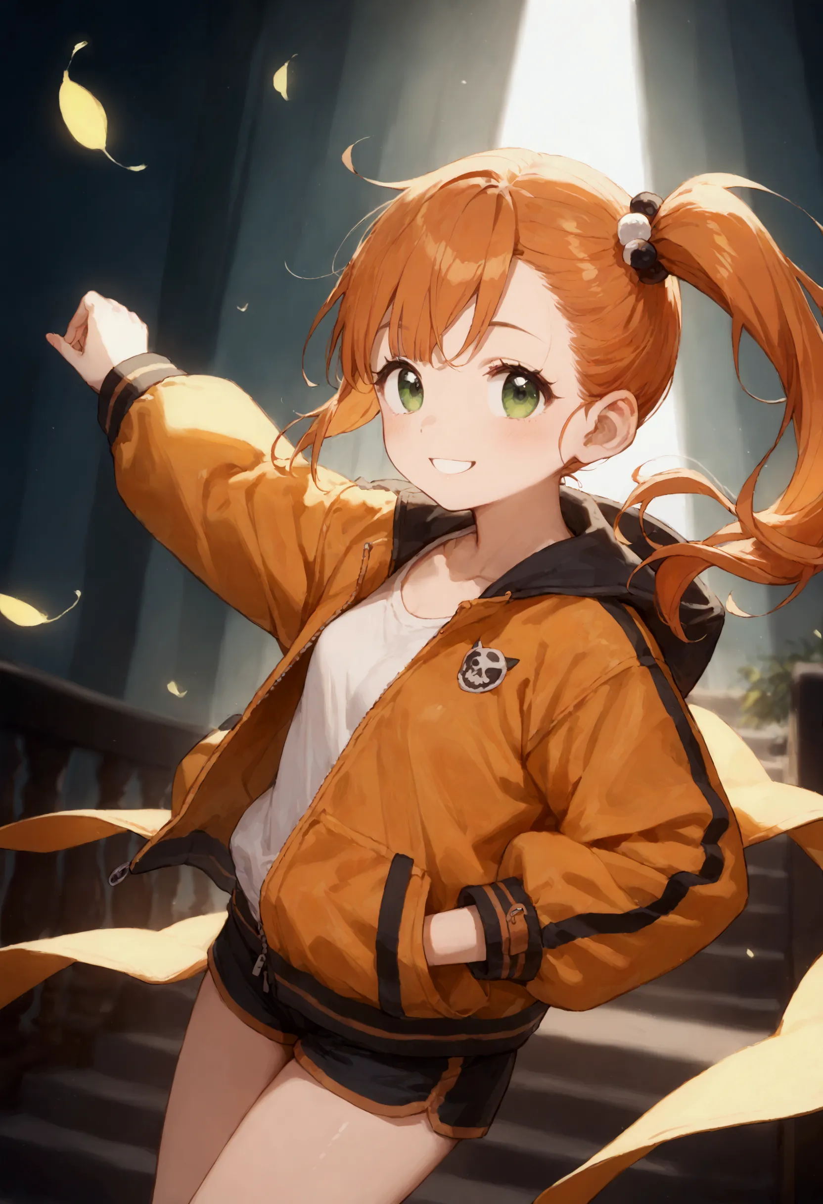 @タカヒロ, 1girl\(cute,orange hair,riders jacket,small breasts,shining green eyes, big eyes,side ponytail,,(big smile),beautiful smi...