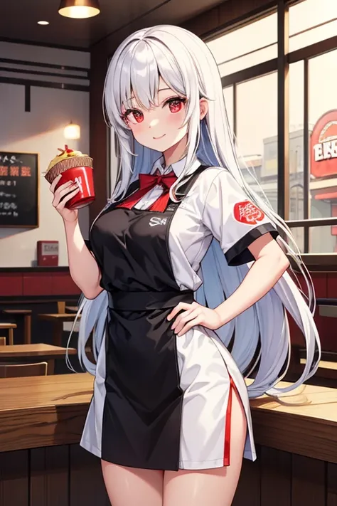  1 beautiful girl with pieces 　Shows up to the waist　 white long hair　Red eyes　Bright smile　fast food restaurant clerk 　黒と白のfast food restaurant clerk の服