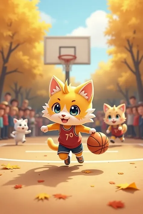 Une photo réaliste dune chatte kawai avec des tresses qui joue au basket avec ses copines qui sont des animaux kawai. Nous sommes en automne, il y a du public et le club est le VBC. 