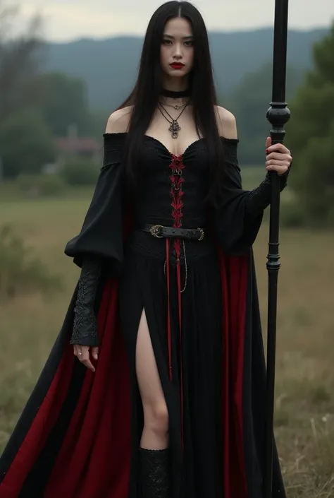 ((best quality)), ((masterpiece)), (detailed), highly detailed photo of a Japanese women, age 32, waring gothic black and red dress and holding a huge lance, low contrast, evening light, wearing boots, long straight hair, no makeup, wrinkled skin, they are...