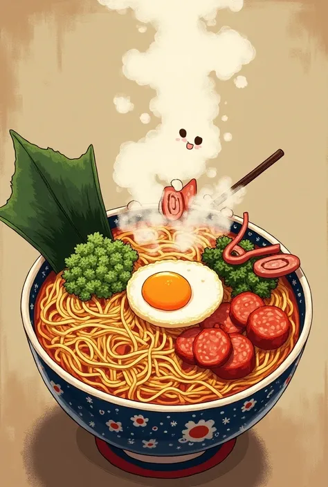 Korean instant noodles with boiled egg,seaweed,sausage,put some sauce 
In Japanese cartoon style 
Make it more vintage 