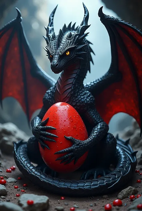 Majestic, photorealistic, ultra-detailed, cinematic lighting — A colossal, black and red dragon lies curled protectively around a large red egg, coiled in a way reminiscent of a loyal dog guarding its treasure. The dragon’s powerful body is wrapped closely...