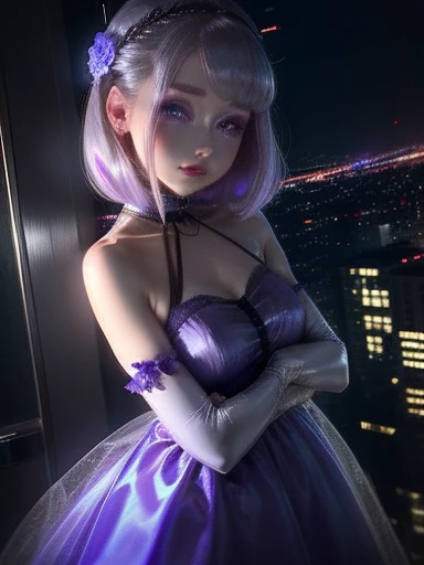  one woman、  wearing a purple dress 、Gray Hair、(( blue eyes))、 charming eyes 、Night view