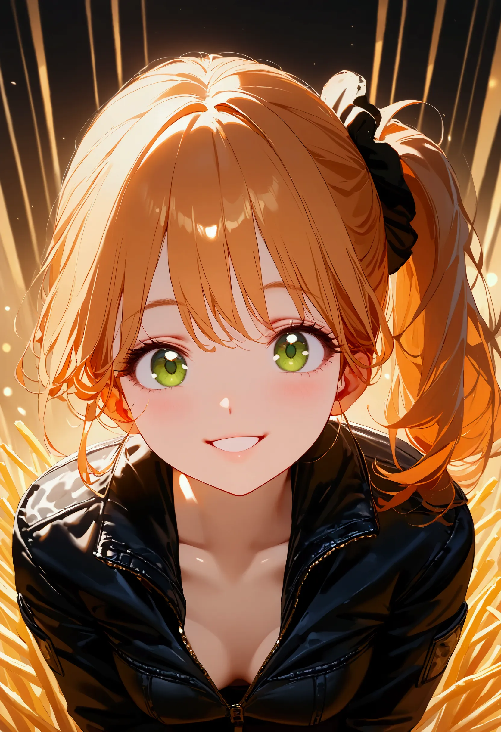 @タカヒロ, 1girl\(cute,orange hair,riders jacket,small breasts,shining green eyes, big eyes,side ponytail,,(big smile),beautiful smi...