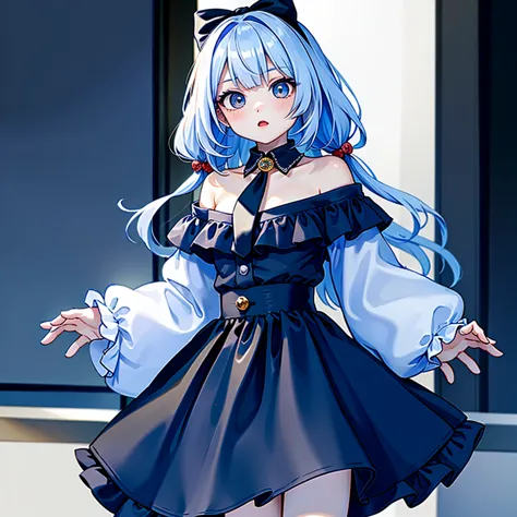  1 girl, Alone, ((( Best Composition 、Best Quality、 Supreme Masterpiece、Super detailed、 high definition)))、Cynamic,  gradation hair color、 Seven-colored eyes,  hair ring,  hair bow, (Kome Kome ,biology:1.2),  off-shoulder ,  bare shoulders, tie,  wide slee...