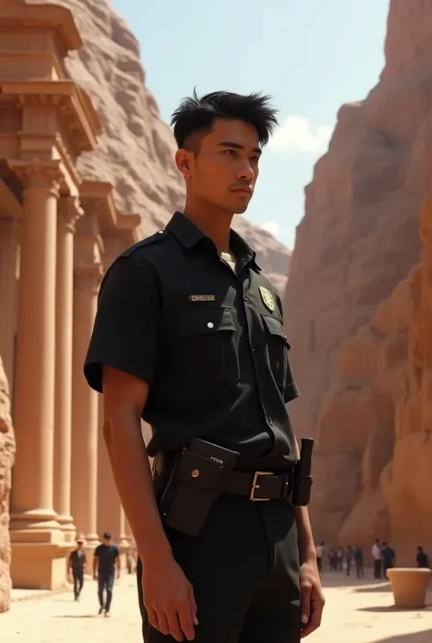 Petra Egypt with medium build male with short black hair wearing black uniform 