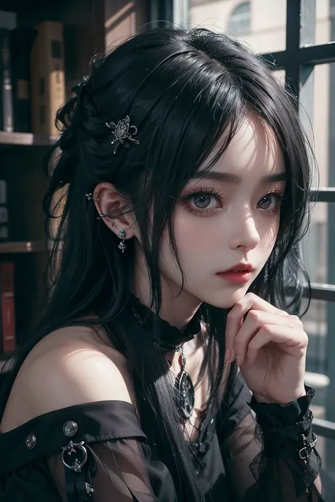 top-quality、8k、​masterpiece：1.3、Gothic Punk、Red inside、Gray Black Hair、 hair decoration 、a beauty girl、 Creative 、 dark fantasy style、Neogos、 goth fashion ：1.2、 Hi-Res、​masterpiece、top-quality、頭w:1.3、(( Hasselblad photography ))、 fine skin 、 sharp concentr...