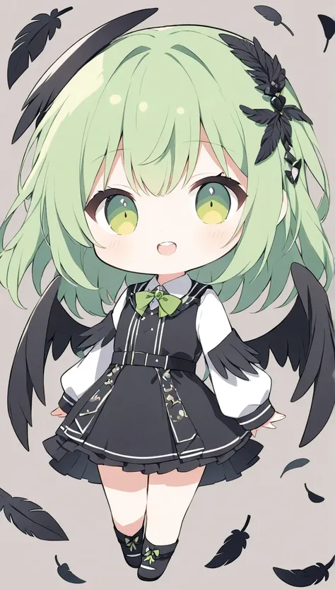 Vector art、:0.5), GREEN HAIR 、cuteFallen Angel Costume、((Fallen Angel)),Tattered Black Feather,Black feather hairpin,((Oblique eyes)),teeth,cute,Black feathers scattered, Beautiful background 