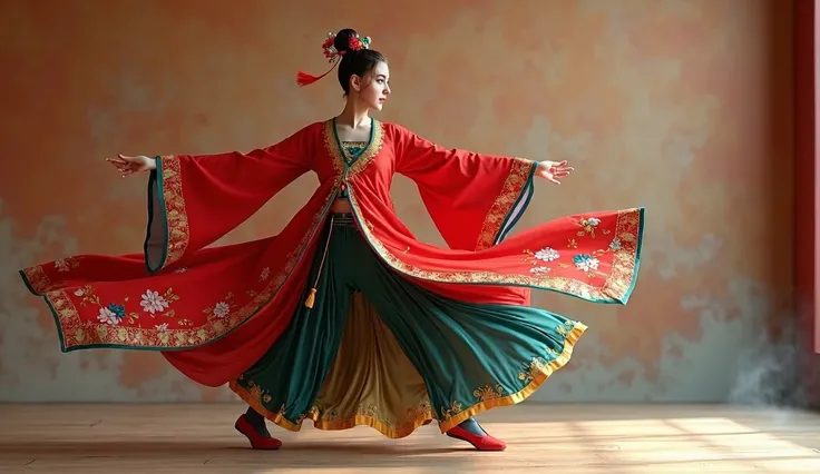 A traditional Chinese dancer is captured mid-movement in an elegant, flowing pose against a textured backdrop transitioning from burnt orange to light brown. She wears a vibrant crimson red robe with wide sleeves, featuring intricate teal blue and pink flo...