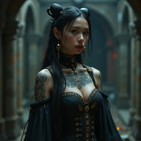 ((((looking at camera)))),(((Full body photo))),sexy gothic style_CHLO,a beautiful girl, beautiful Half-korea-Russian girl face, wearing a gothic dress made of skulls,((((Reveal full breasts,Big breasts)))),ancient black stonewall,a battle between dark god...