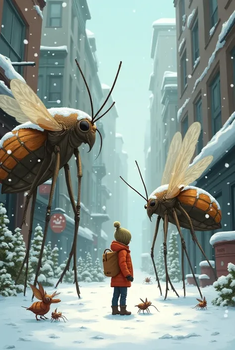 Illustration pour enfant sur le thème minisculement grand. Paysage de ville americaine enneigée et beaucoup dinsectes géants et très gentils autours de lui. Il y aussi un enfant qui regarde les insectes et pleins de petits insectes par terre. Monde féeriqu...