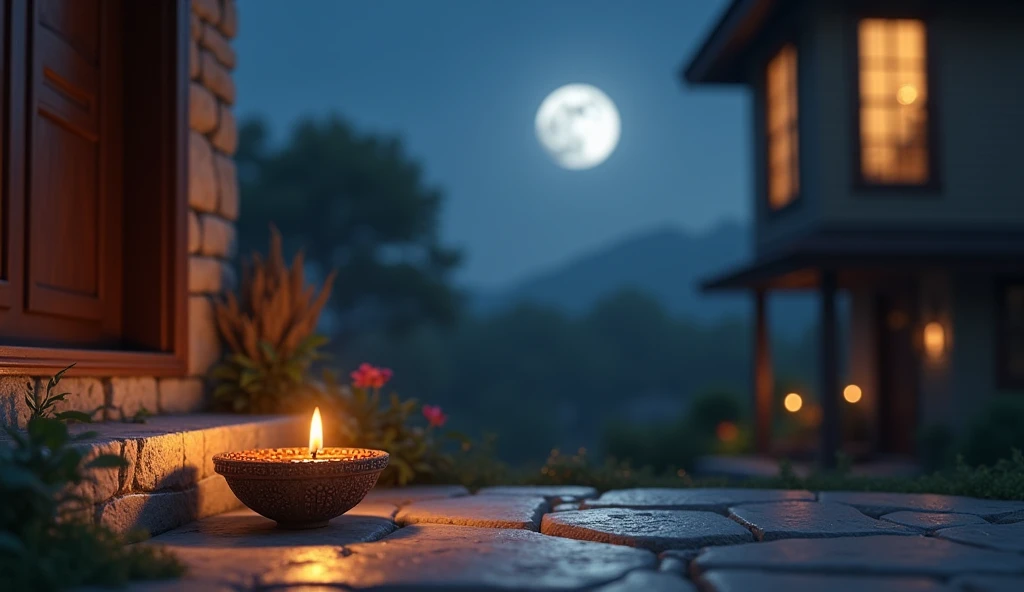 [Visual: A beautiful moonlit night outside the house, with a small resin piece (lakh) on the doorstep. The diya is lit beside it.]