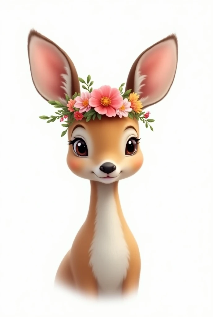 Sweet real Deers portrait with a wreath of flowers on the white background 