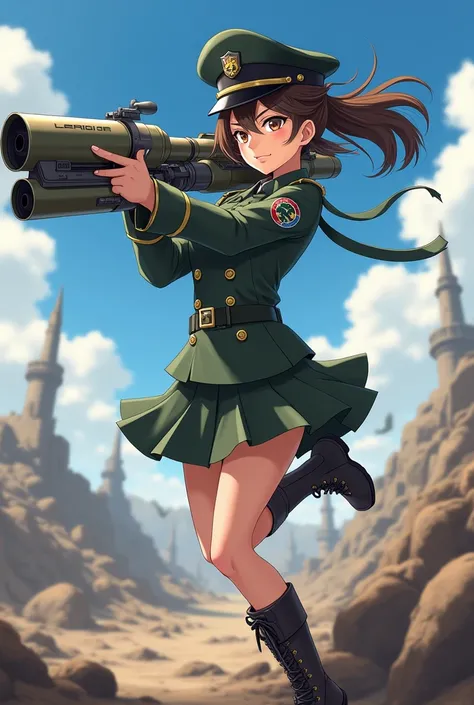 anime, art,  skirt+ on clothes wearing a skirt with a rocket launcher in military uniform