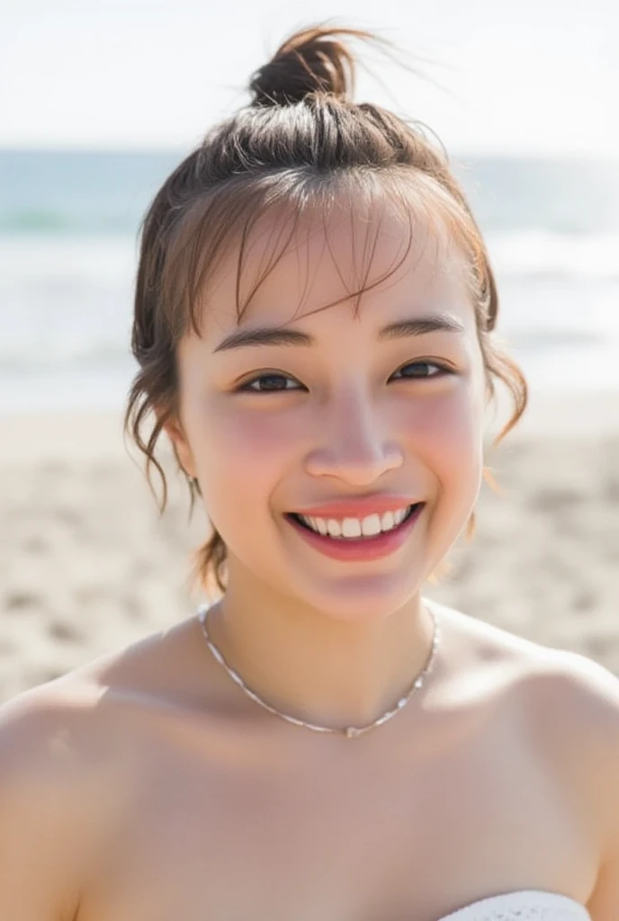  a blonde woman with big breasts with a smile,  without clothes, At the beach with her legs spread 
