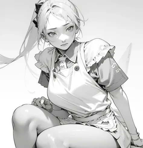 Anime girl, seated pose, holding smartphone,  detailed grayscale sketch,  expression thoughtful,  long ponytail,  detailed clothing design (blouse, apron),  realistic anatomy,  art style Manga,  photographic quality, cinematic lighting,  dynamic compositio...