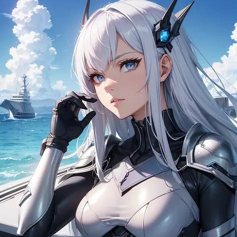 Masterpiece, HD, high resolution, High Quality, Best Quality, Super Detailed. Solo character alone. Science-fantasy art.
{{(a 30-years-old female-human elite soldier:(appearance: white-skin. White-hair. Beautiful complexion. Very beautiful face. Grey-eyes....