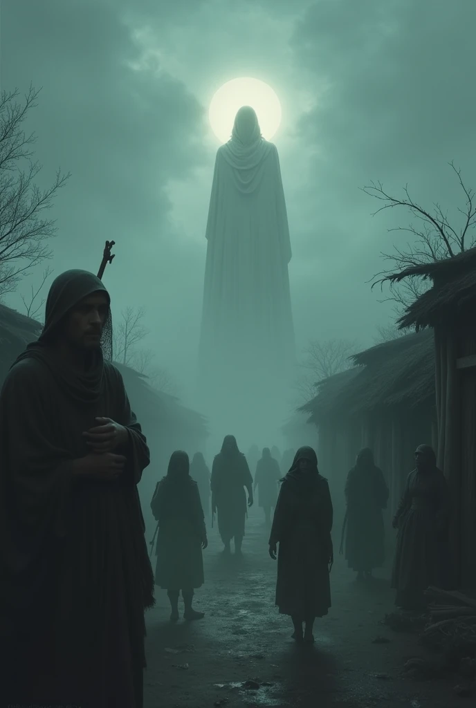 A small, misty village with huts under a cloudy, ominous sky. Villagers appear worried and weak, some coughing and holding their heads, symbolizing a mysterious illness. In the distance, a divine figure resembling Vikram but with long, light-colored robes ...